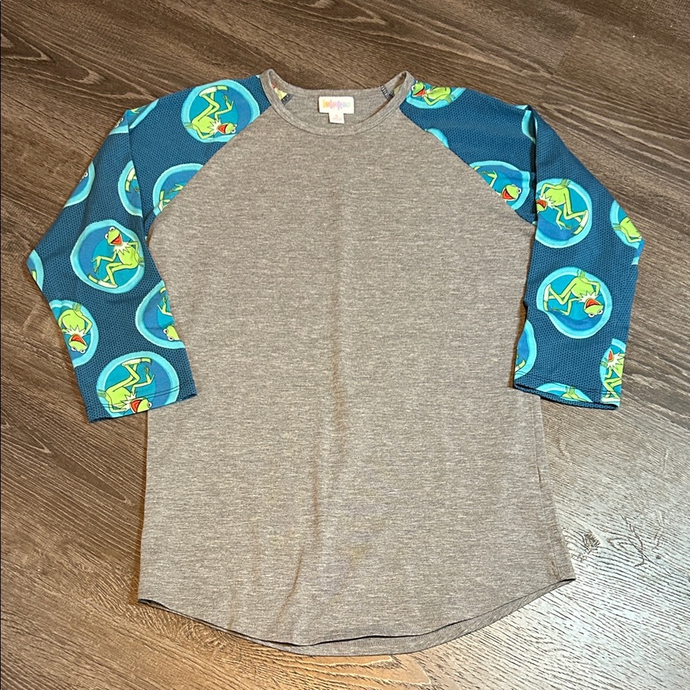 LuLaRoe Gray and Blue Long Sleeve 3/4 sleeve Tee Kermit the Frog